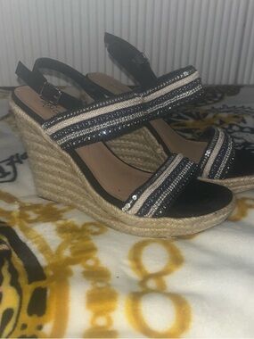 Embellished Black Espadrille Wedge Sandals